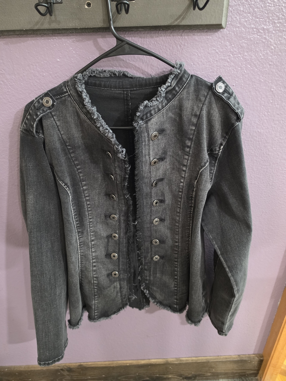 Women's Distressed Military-Style Denim Jacket - Charcoal Gray